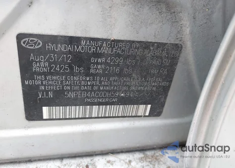 2013 Hyundai Sonata Gls из США, поврежденный, VIN 5NPEB4AC0DH594694